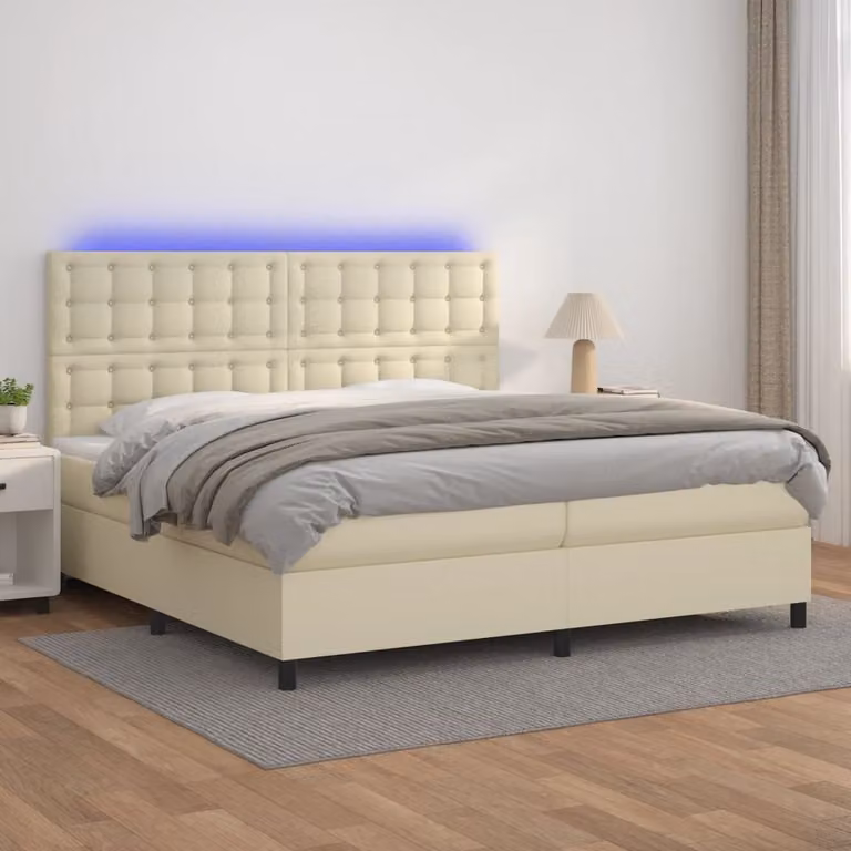 The Living Store Letto a molle con materasso e LED crema 200x200 cm in ecopelle