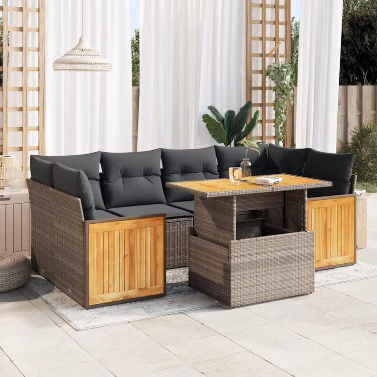 Set da giardino vidaXL 7 pezzi in polyrattan e legno di acacia con cuscini grigi a forma di L