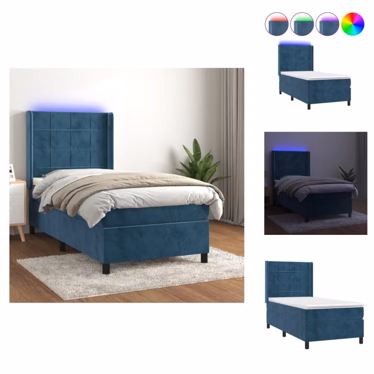 vidaXL Letto a molle con materasso e LED in velluto blu scuro 100x200 cm - Letti & strutture letto