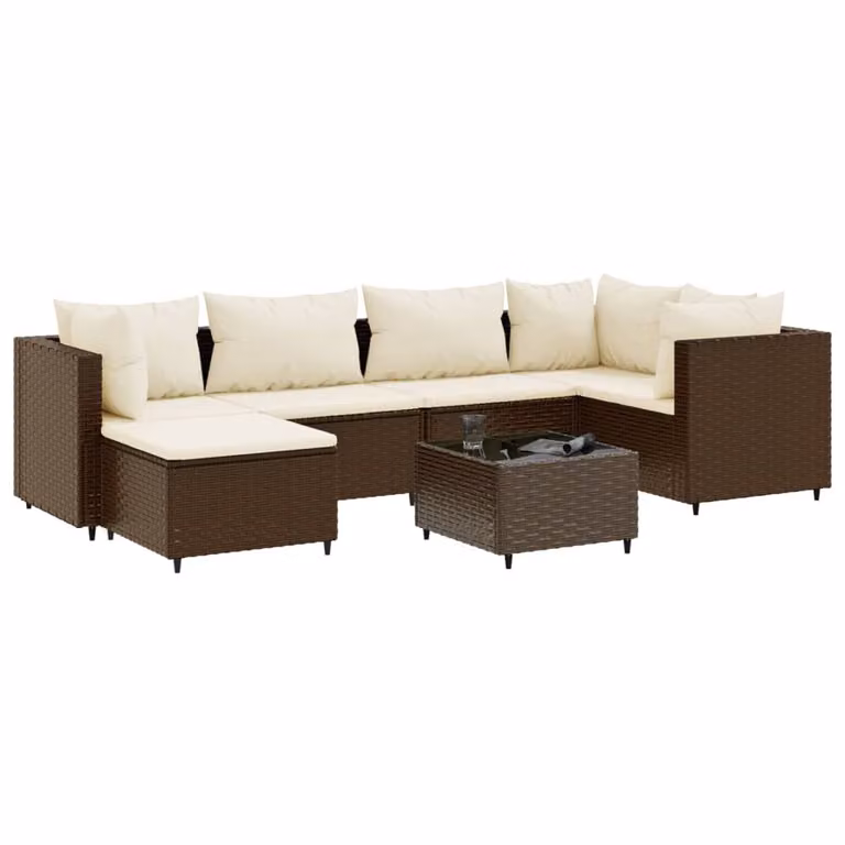 Set Divani da Giardino 7 pz con Cuscini in Polyrattan Marrone