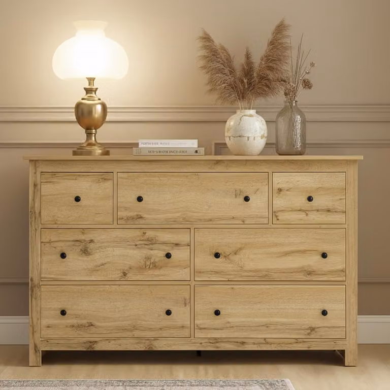 Comò con 7 cassetti, 152 cm, mobiletto contenitore, legno, stile moderno rustico