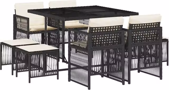 Set da Pranzo da Giardino 9 pz | Set Salotto da Giardino con Cuscini Nero in Polyrattan
