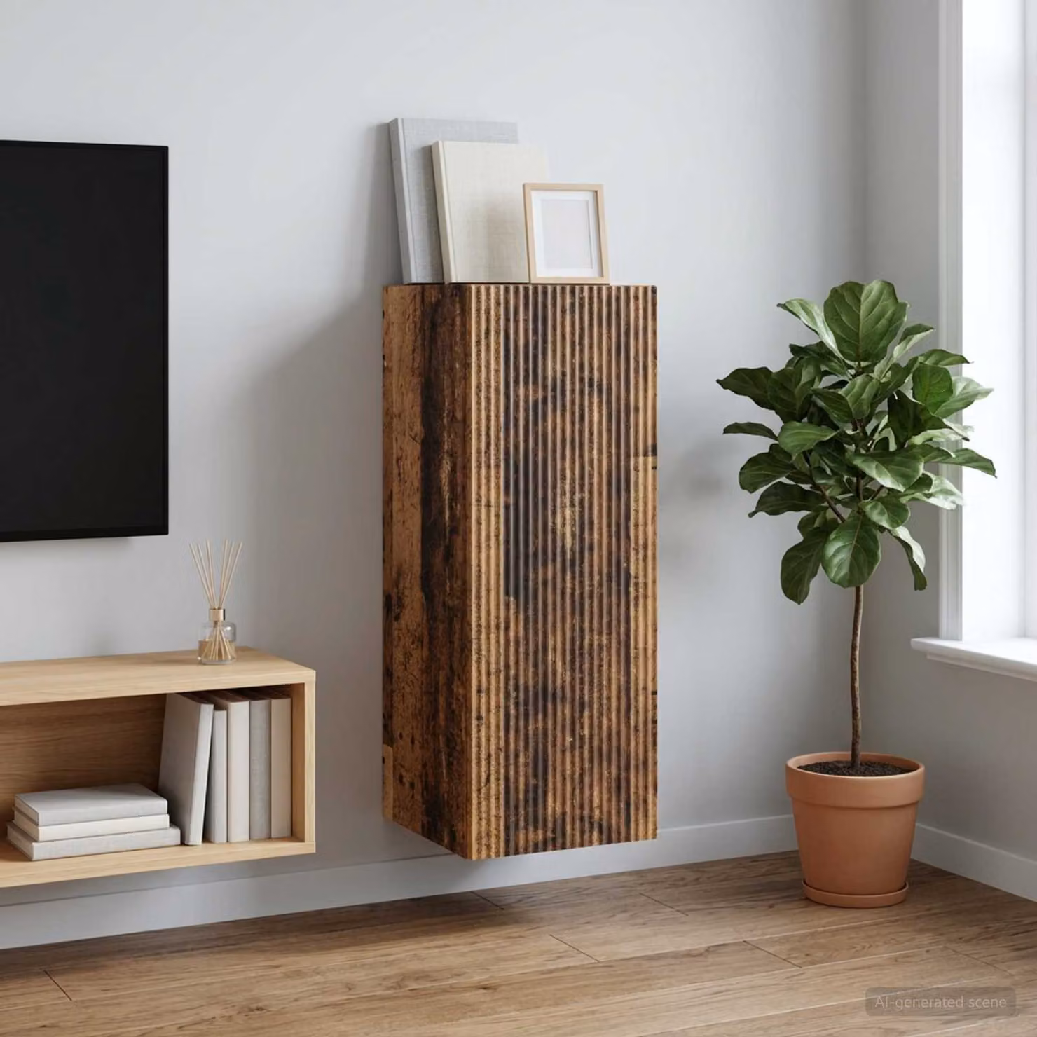 Mobiletto a muro vidaXL in legno marrone con illuminazione integrata e ripiani interni, L/P/H: 33 x 34,5 x 90 cm