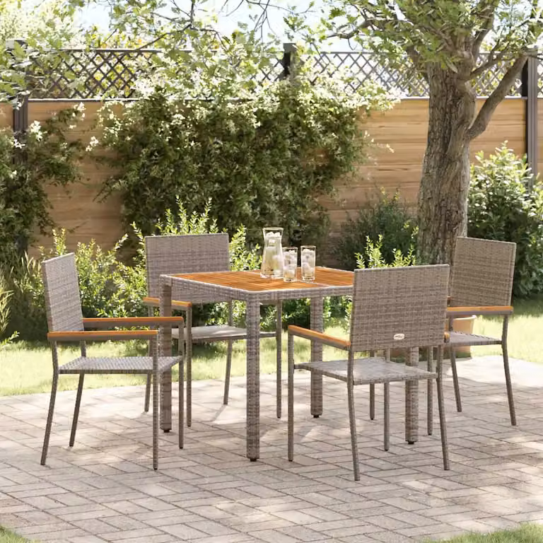 Set da pranzo per giardino e terrazzo vidaXL in polyrattan grigio e marrone con tavolo in legno di acacia, 5 pezzi
