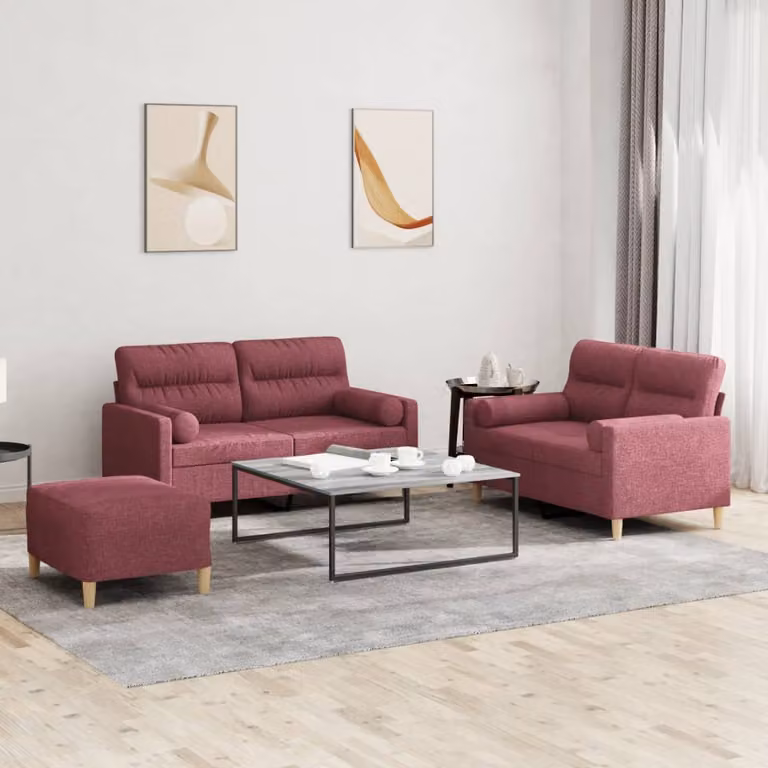 Set di divani 3 pezzi vidaXL in tessuto rosso con cuscini per soggiorno in stile moderno