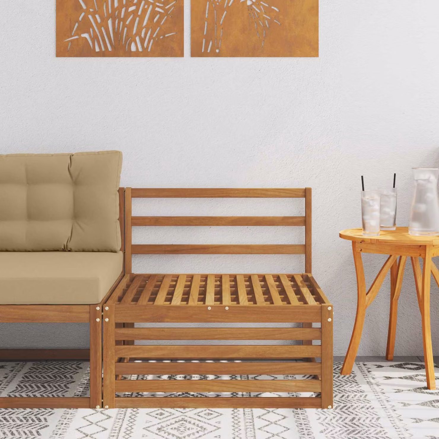 vidaXL Divano centrale per esterno in legno di acacia massello naturale colore marrone e beige