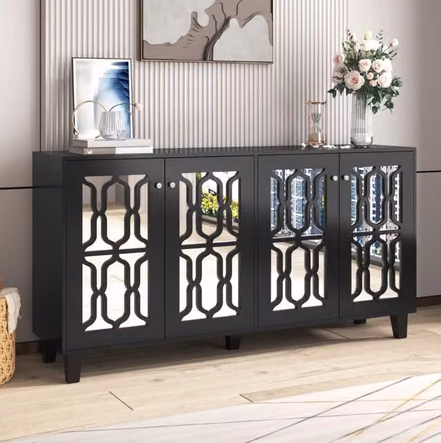 Credenza moderna nera con finitura lucida e top a specchio per soggiorno o ingresso, L: 84 cm, H: 44 cm, P: 40 cm