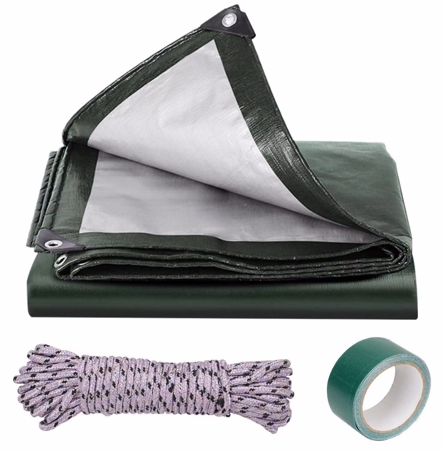 Telo di copertura con occhielli, dimensioni 2x3 metri, 180g/m², colore verde-argento, impermeabile, resistente allo strappo, realizzato in tessuto PE. Include corda antivento e materiale di riparazione