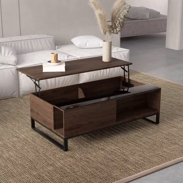 Tavolino basso alzabile con vani nascosti e ripiano inferiore in noce 102 × 58 × 35.5 cm