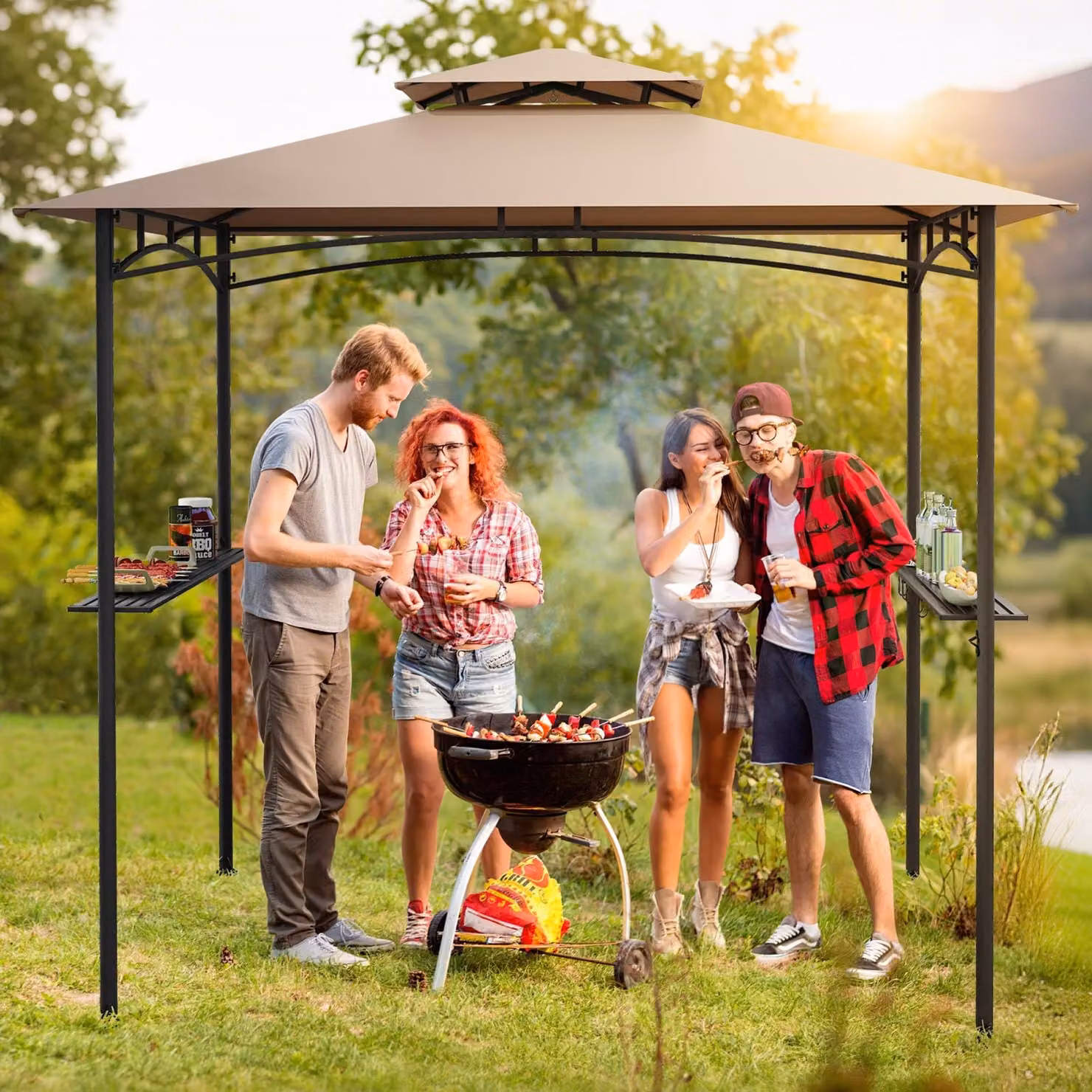Gazebo per barbecue e pergolato Costway con doppio tetto, tenda da esterno in metallo marrone L: 242 cm, P: 150 cm
