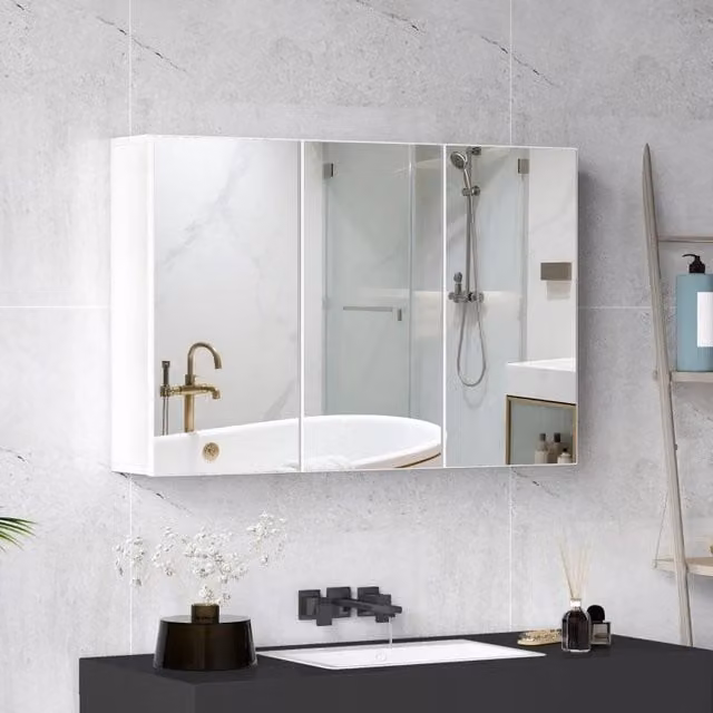 Armadio a specchio da bagno ULEVR 90x15,5x60 cm con 3 ante specchiate e 5 ripiani, bianco