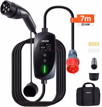 VEVOR Caricabatterie Portatile per Auto Elettriche 22 kW Tipo 2, Colonnina di Ricarica Trifase 32A con Cavo da 7 m e Schermo LCD, Nero