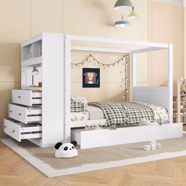 Letto bambino-Xylo-90x200 cm-barriera, 5 cassetti, rotelle, pino, bianco+naturale