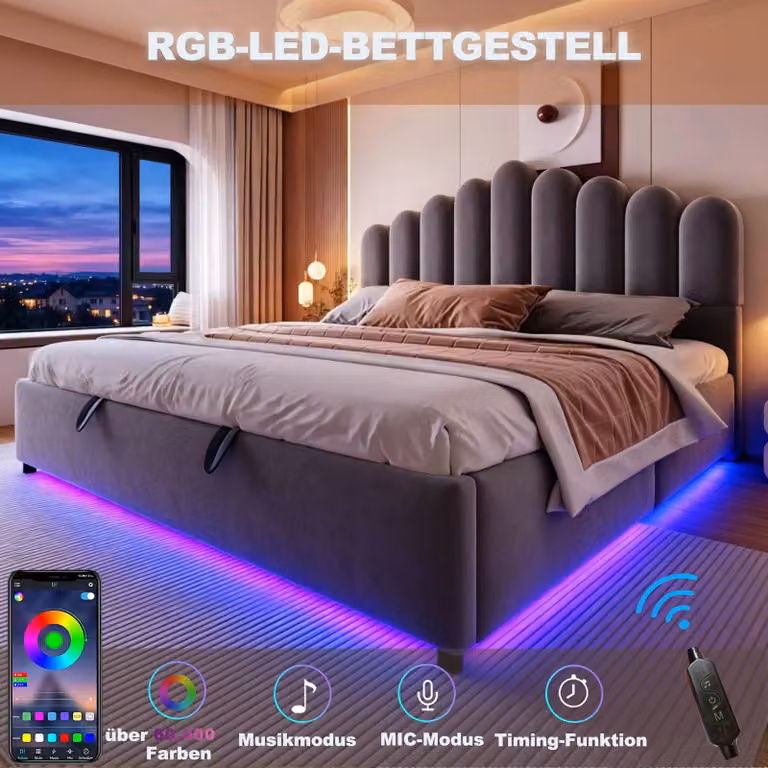 Letto imbottito okwish 180x200 con materasso e striscia LED, letto per ragazzi con spazio contenitore a sollevamento idraulico, rivestito in velluto, letto matrimoniale grigio