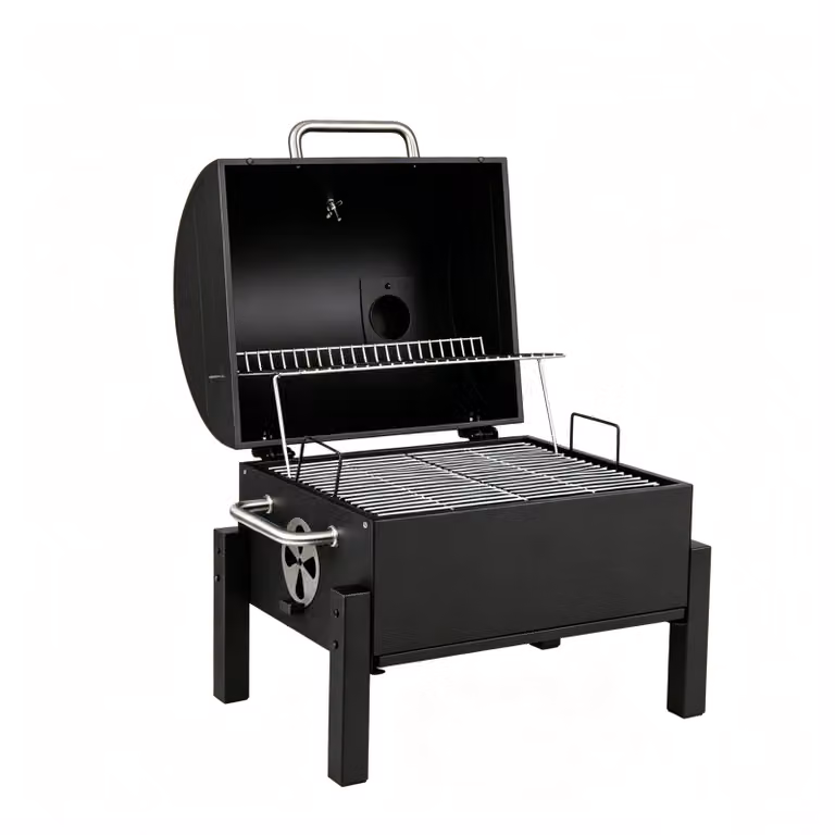 Barbecue a carbonella portatile da tavolo Costway in acciaio smaltato nero con coperchio, 2 griglie, vassoio regolabile e termometro per campeggio