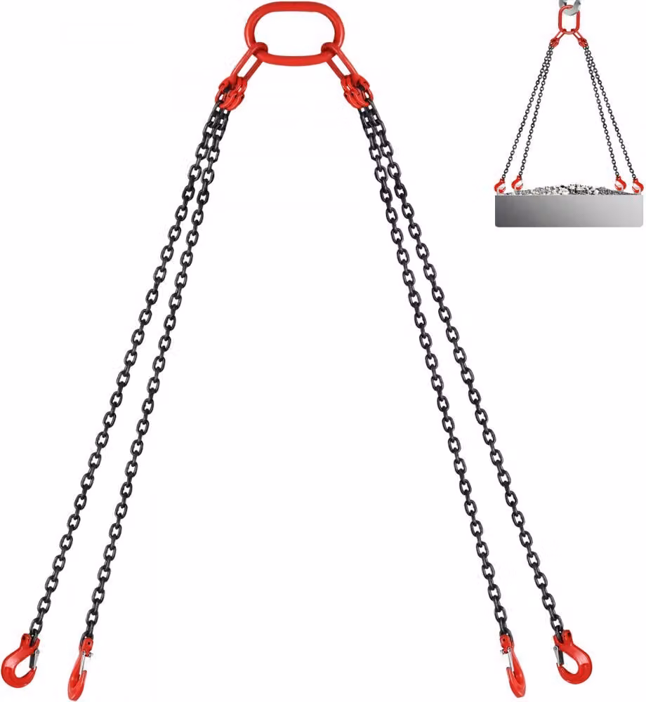 Braca a catena G80 in acciaio legato 8mmx3m - braca a 4 fili con gancio a forcella - 3m con capacità di carico di 5 T - braca a catena per macchine, fabbriche, magazzini.