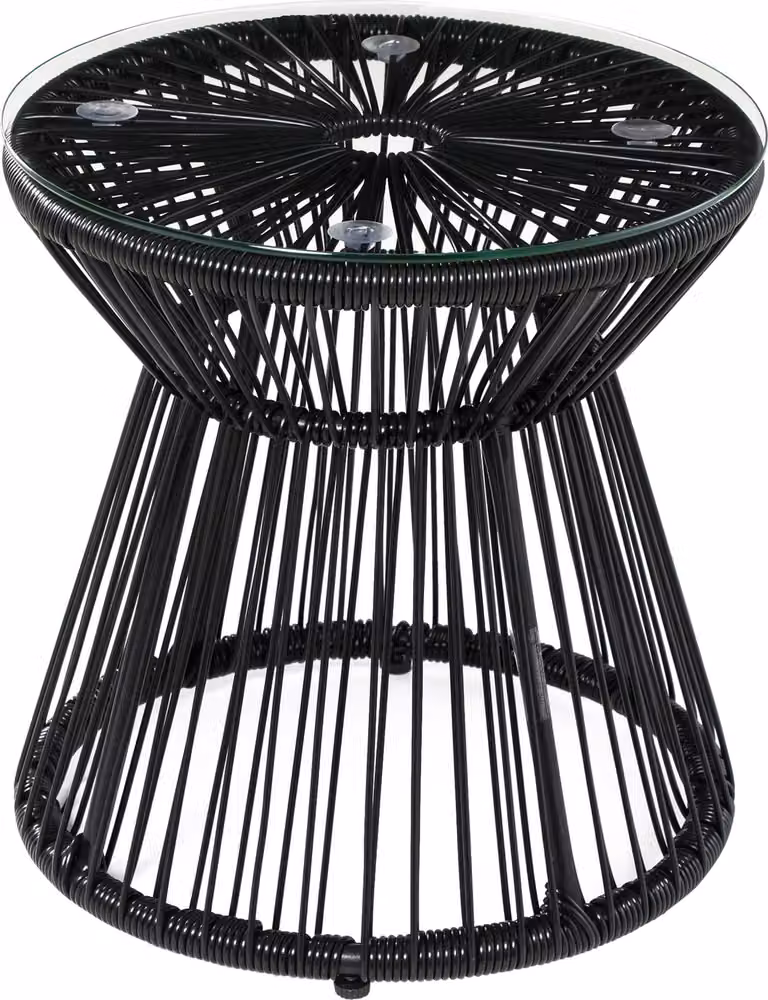 Tavolo da giardino rotondo Fortuna Lai con design a tamburo cavo, tavolo da bistrot con piano in vetro, tavolino da caffè nero per giardino e balcone