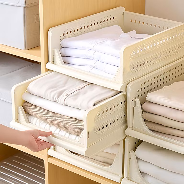 Contenitori portaoggetti, 3 pezzi, 33,5 x 43 x 15,8 cm, color beige, pieghevoli, per abbigliamento