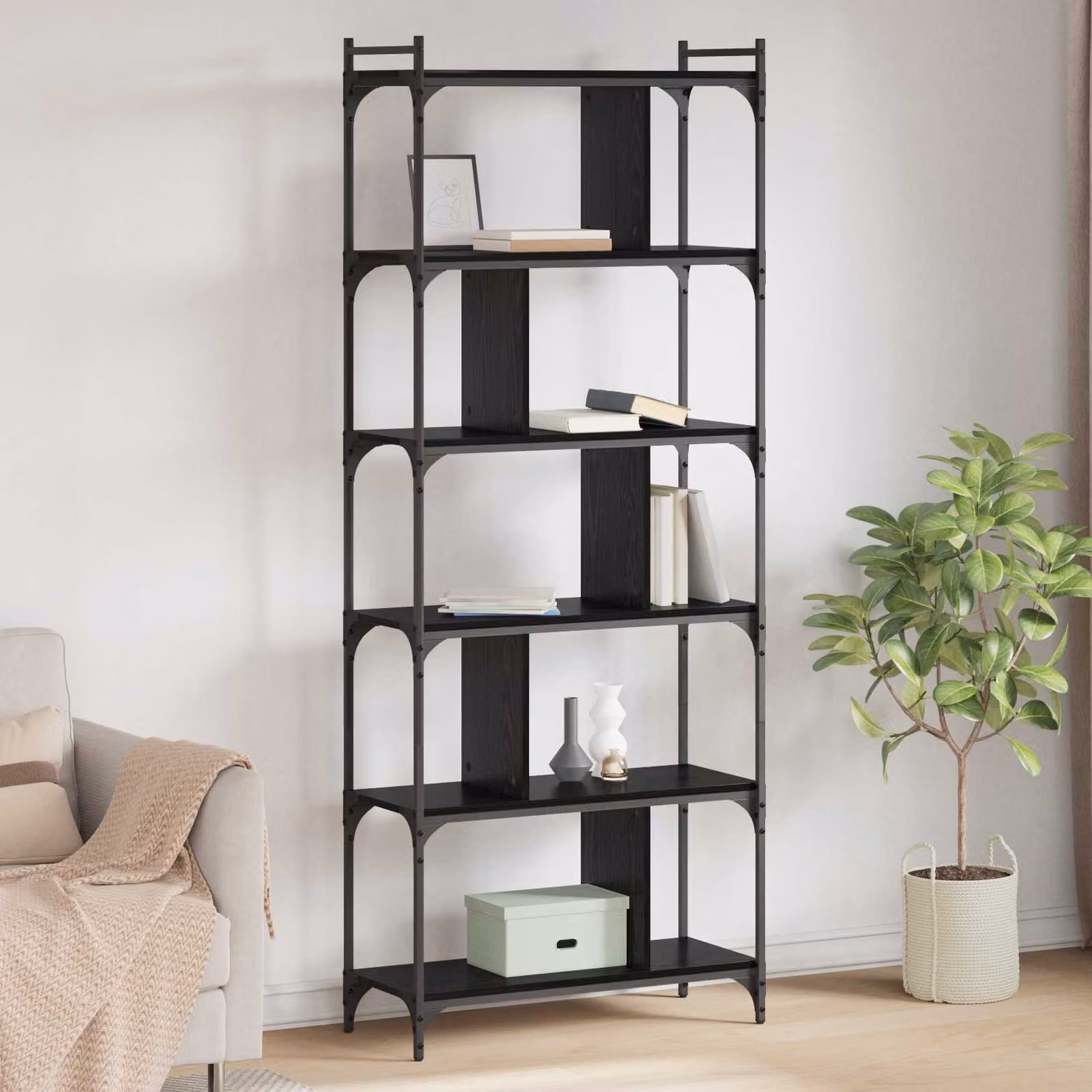 Libreria moderna vidaXL a 5 livelli in metallo e MDF nero L 76 cm x P 32 cm x H 192 cm