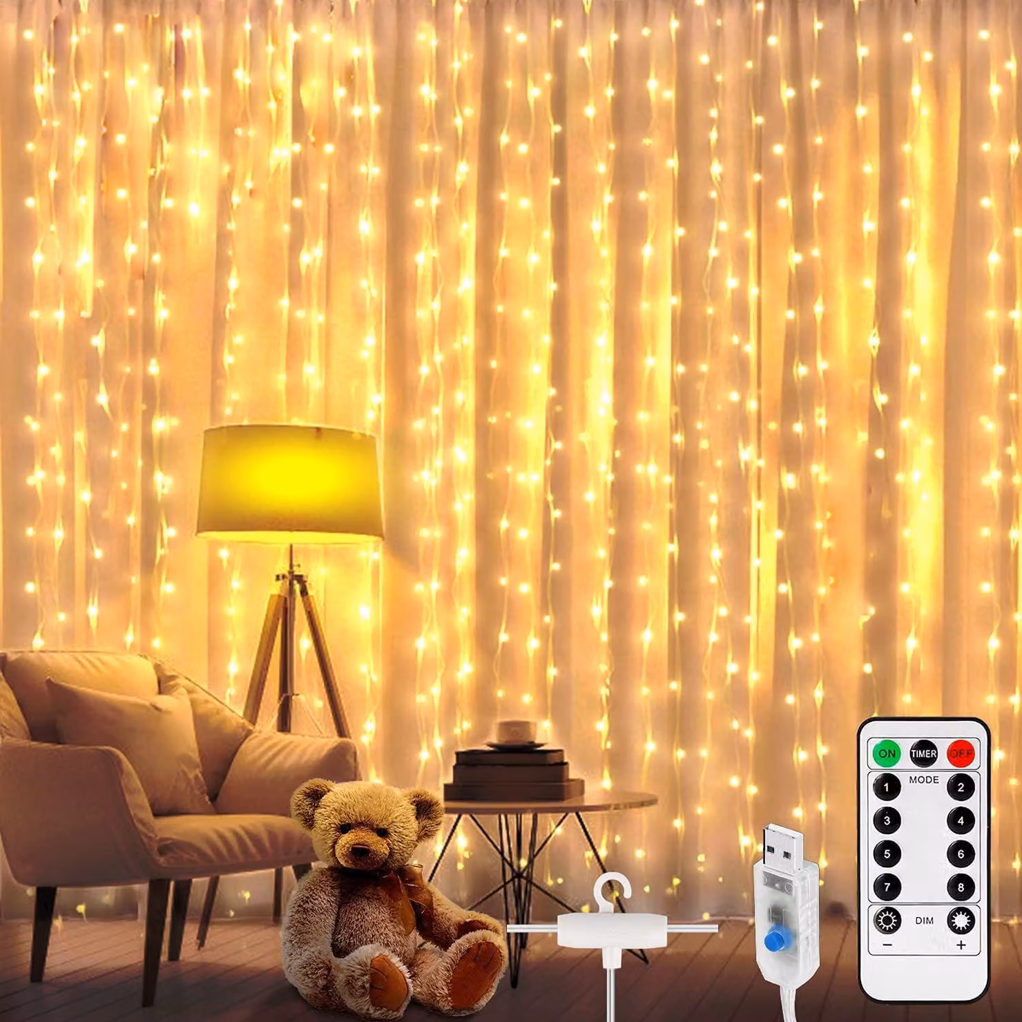 Tenda luminosa a LED, dimensioni 3x2 metri, 200 LED bianco caldo, 8 modalità, alimentazione USB, grado di protezione IP67