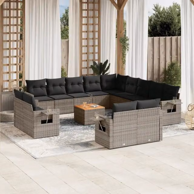 Set di divani da giardino VIDAXL in polyrattan grigio con 14 pezzi e cuscini inclusi – 1