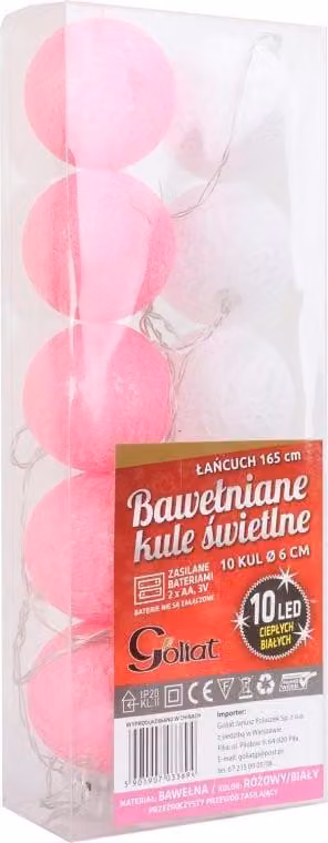 10 sfere luminose in cotone LED da 6 cm, rosa e bianche, con batterie, luce bianca calda