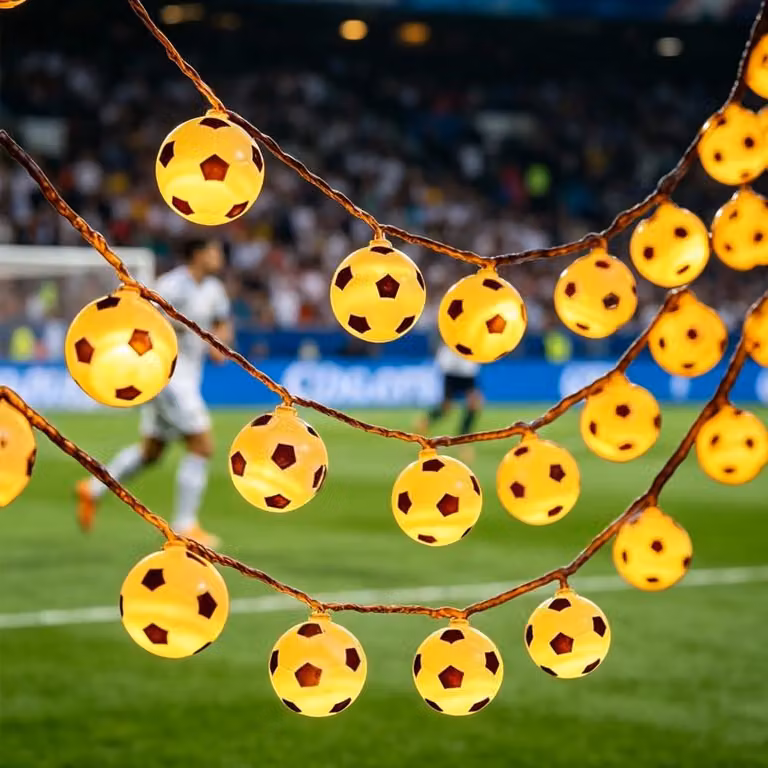 Catena luminosa a forma di pallone da calcio, lunghezza 1,5 metri, 10 LED, luce bianco caldo, alimentazione a batteria