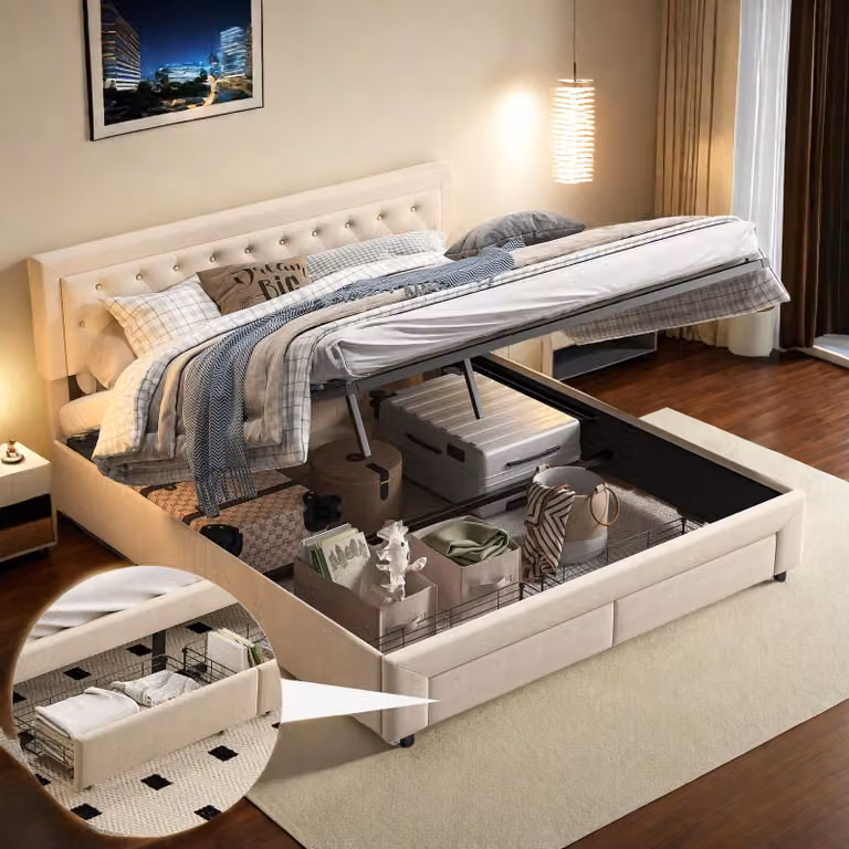ProximaX Letto contenitore 180x200 cm Velluto beige, letto idraulico con contenitore e 2 cassetti