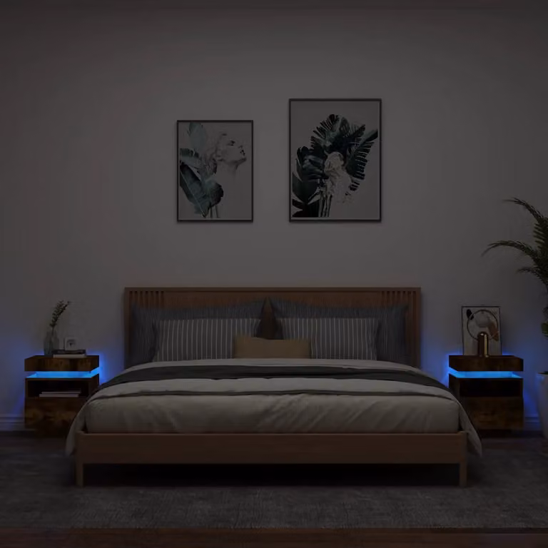 Set di 2 comodini vidaXL con luci LED integrate in rovere fumo, L 40 cm, P 39 cm, H 48,5 cm
