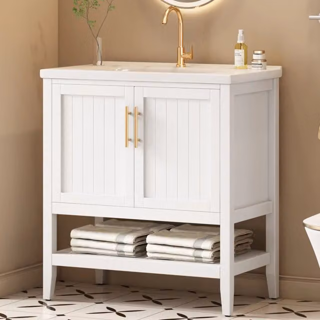Mobile lavabo da bagno WISHDOR moderno in MDF laccato bianco con lavabo in ceramica, Larghezza: 80 cm