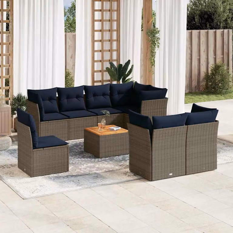 vidaXL Set Divani da Giardino 9 pz in Polyrattan con Cuscini e Tavolino da Caffè, Grigio e Blu