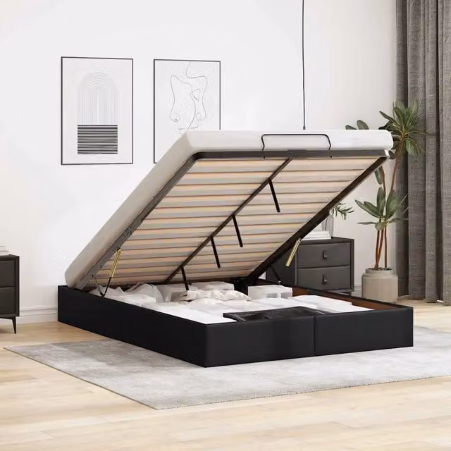Struttura Letto Pouf senza Materasso-Giroletto con contenitore Nero 140x200 cm Similpelle