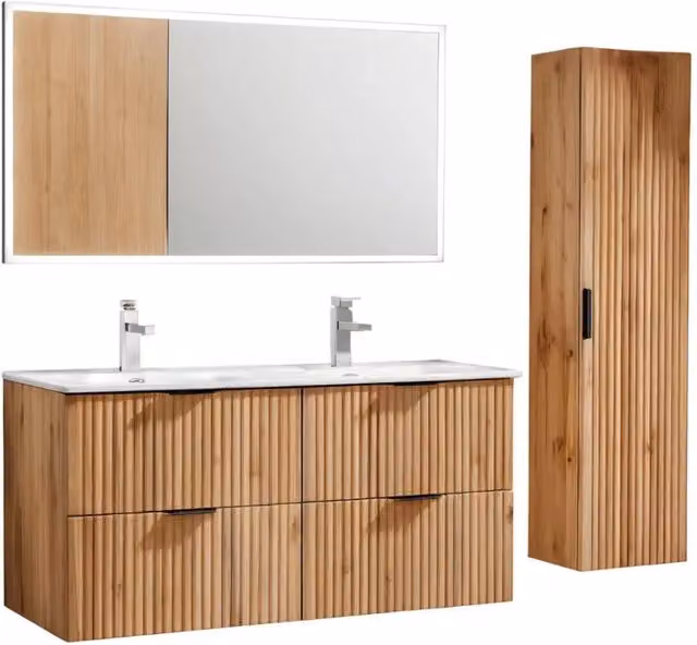 Set da bagno NOXERA Meublorama in Rovere Wotan, composto da mobile lavabo doppio, colonna sospesa e specchio con illuminazione LED, L: 120 cm – 1
