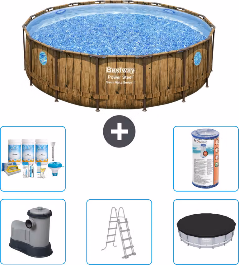 Piscina Bestway Round Power Steel Swim Vista - stampa su legno - 488 x 122 - inclusa pompa - scaletta - copertura pacchetto manutenzione - filtro