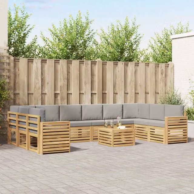 Set di divani da esterno vidaXL a forma di L in legno di acacia con tavolo da caffè, 11 pezzi, Bianco e Grigio – 1