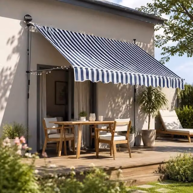 Retractable Awning, Manually Operated, With LED, 250 Cm, Blue And White