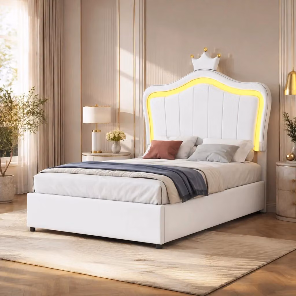 Letto imbottito per bambini MODFU con contenitore idraulico, testiera a conchiglia e luci LED, colore bianco, 90x200 cm – 2