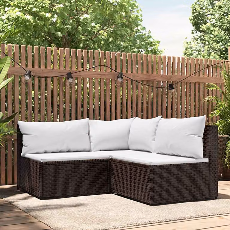 Set di mobili da giardino vidaXL in rattan marrone e bianco con cuscini e struttura in acciaio verniciato a polvere