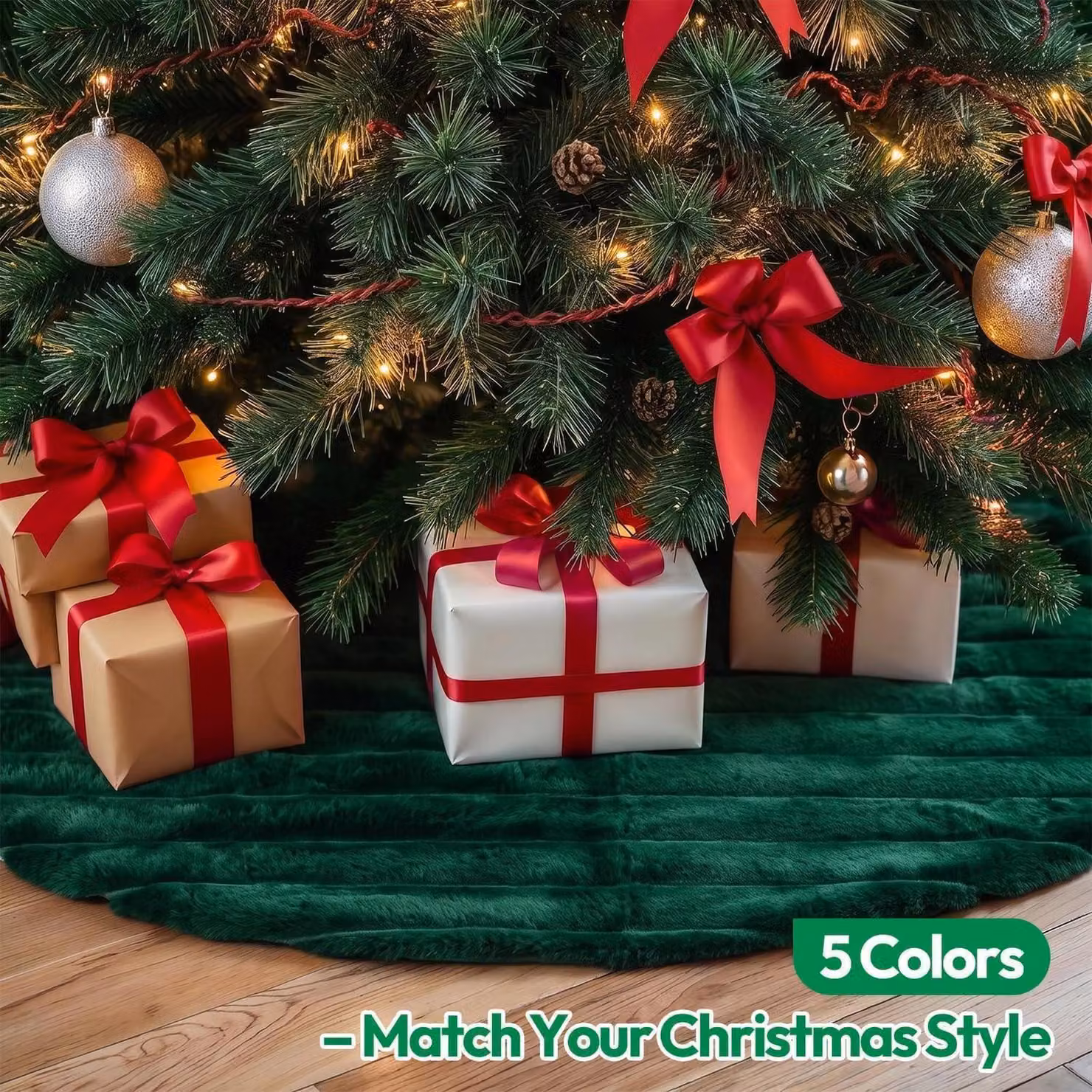 Copertura per albero di Natale, verde, in ecopelliccia forma rotonda, diametro 90 cm
