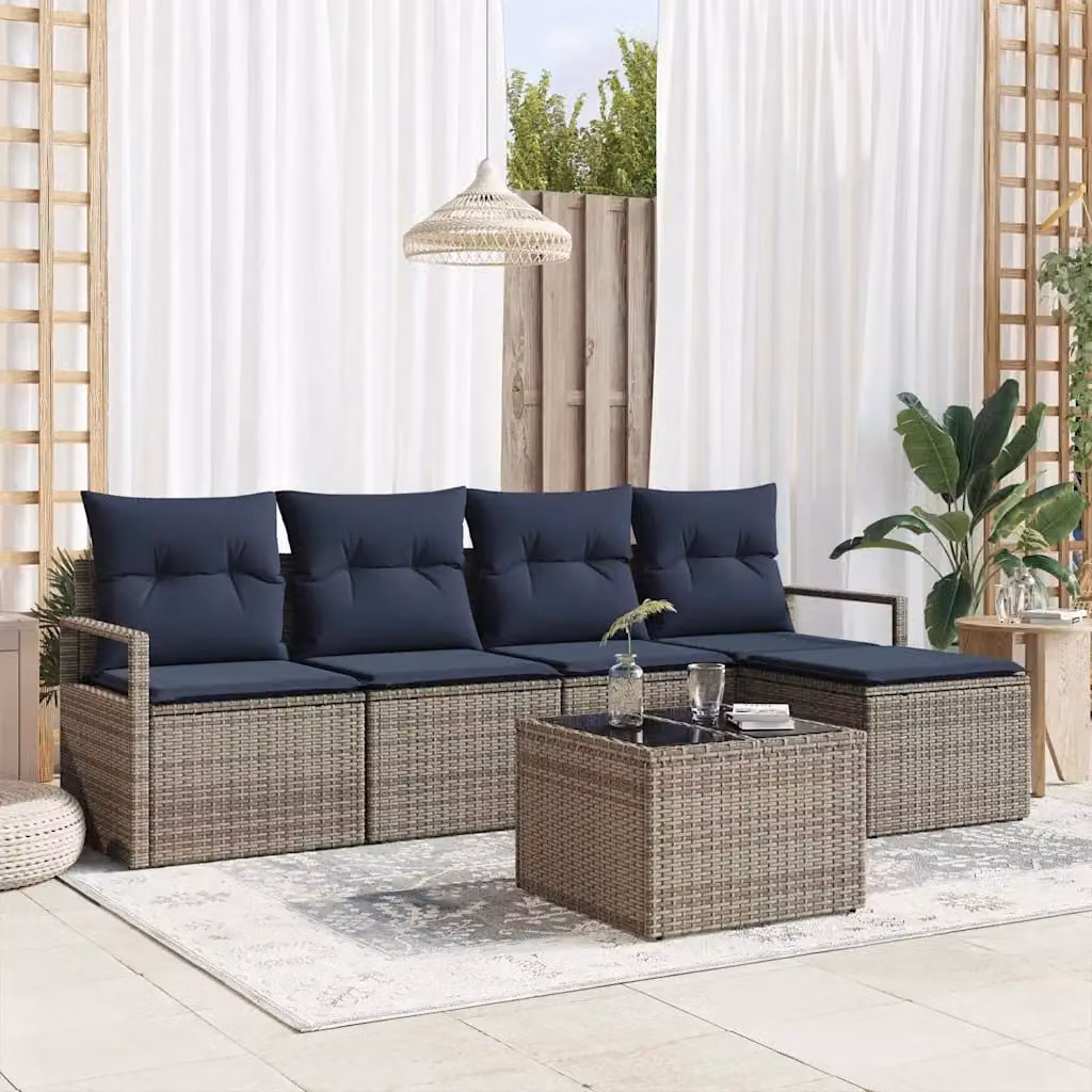 Set di divani da giardino vidaXL a forma di L con cuscini e tavolino, 6 pezzi, Grigio e Blu
