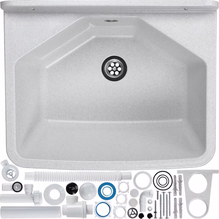 lavello gospo con sifone, 46 x 37 x 20 cm, lavabo in plastica, abbeveratoio per garage, cantina, lavanderia, officina, montaggio a parete, in lamiera, lavello incl. accessori (bianco)