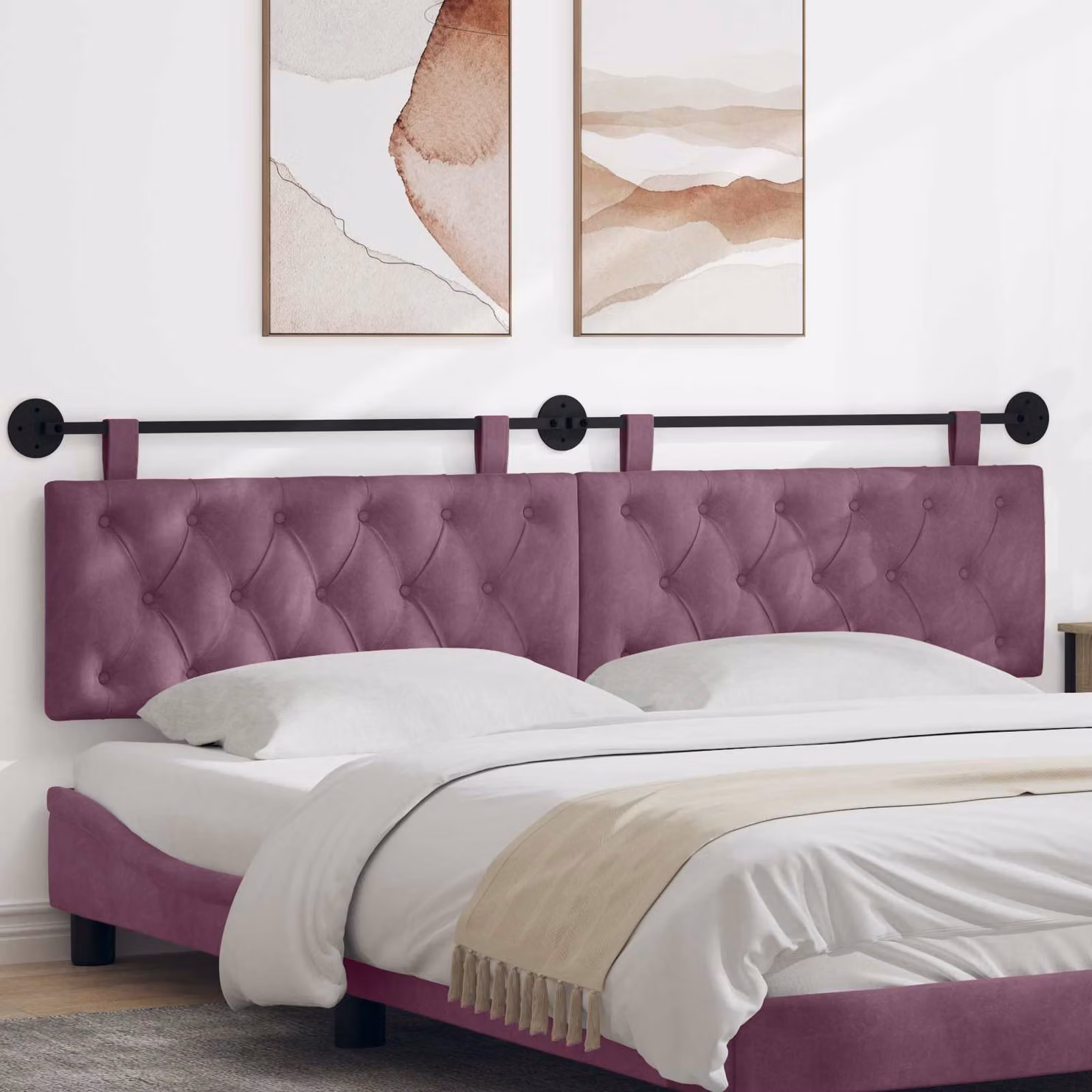 Testiera per letto sospesa vidaXL in velluto viola con illuminazione integrata e pannello imbottito