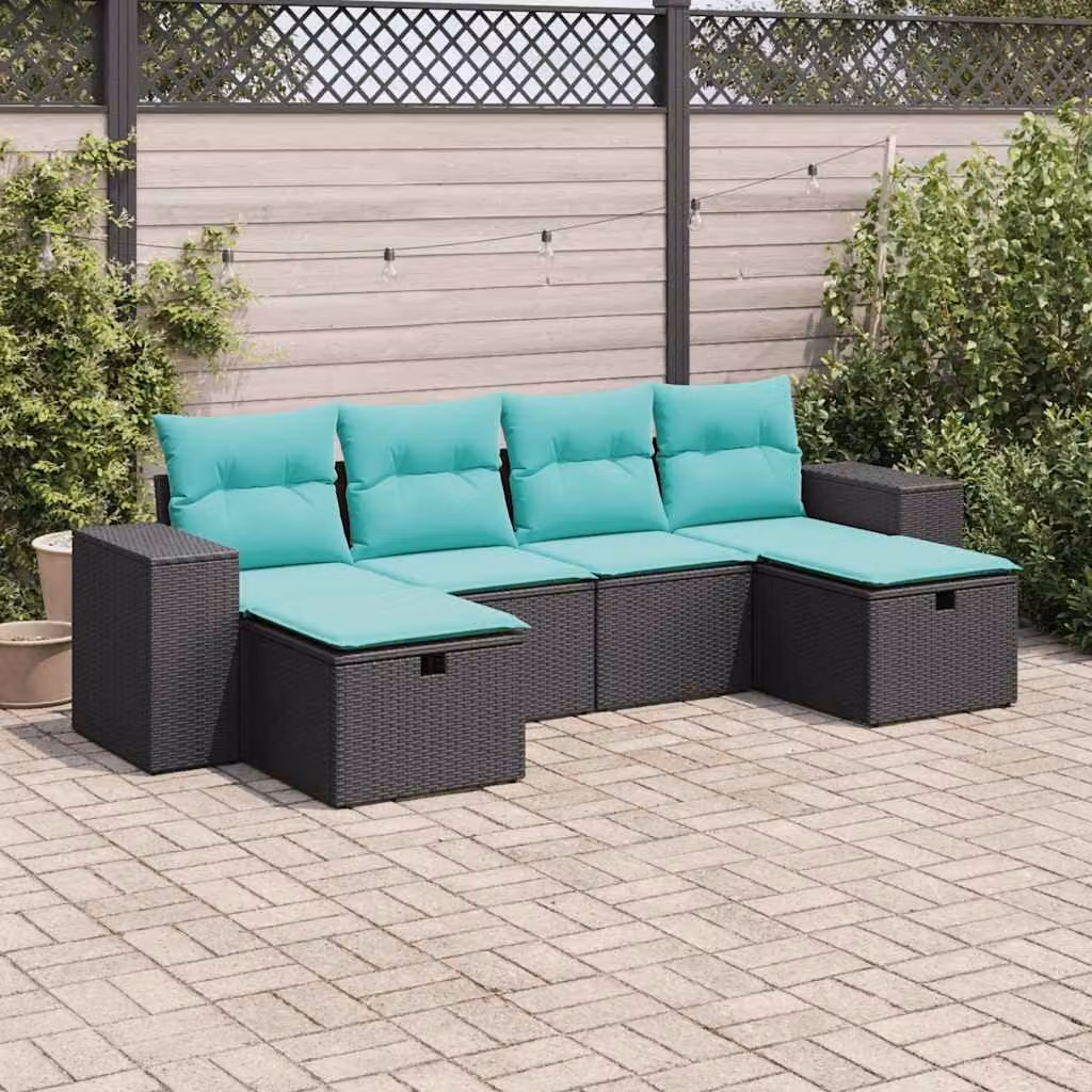 Set Divano da Giardino vidaXL 6 pz a Forma a L con Cuscini, Polyrattan e Struttura in Acciaio, Colore Nero e Blu Turchese