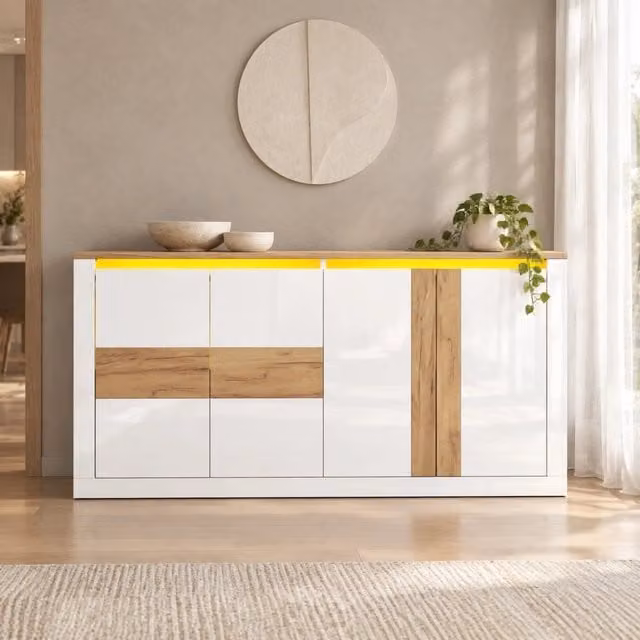 Credenza 140x35x70 cm in MDF con 4 ante bianco lucido e finiture effetto quercia, illuminazione LED RGB controllabile via app e comandi vocali