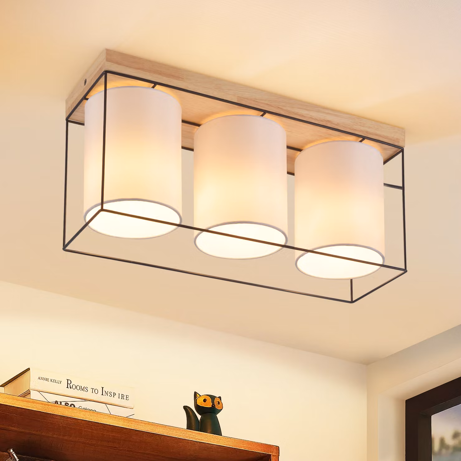 ZMH lampada da soffitto soggiorno plafoniera legno 3 fiamme E14 lampada da soggiorno con paralume in tessuto lampada da sala da pranzo industriale retrò (senza lampadina)