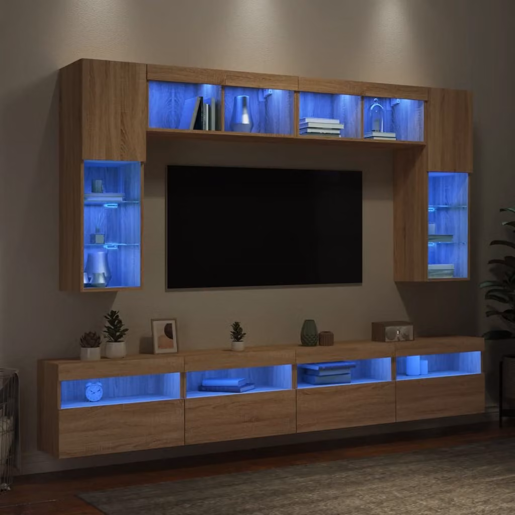 Set di mobili TV da parete vidaXL composto da 8 pezzi con luci LED integrate in colore rovere sonoma – 1