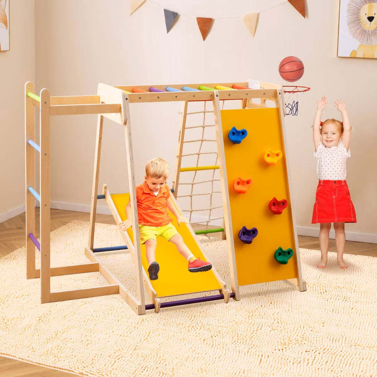 Set parco giochi per bambini Costway 6 in 1 in legno con scivolo, struttura per arrampicata e canestro da basket, multicolore