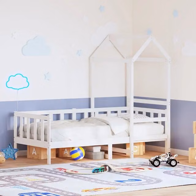 Dormeuse per bambini vidaXL con tetto a casetta in legno massello di pino, colore bianco, L/P/H: 200 x 80 x 185,5 cm