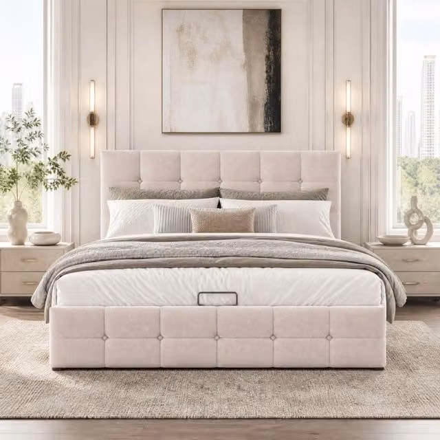 Letto imbottito 140x200 cm con contenitore idraulico, testiera regolabile in velluto crema, rete a doghe in metallo