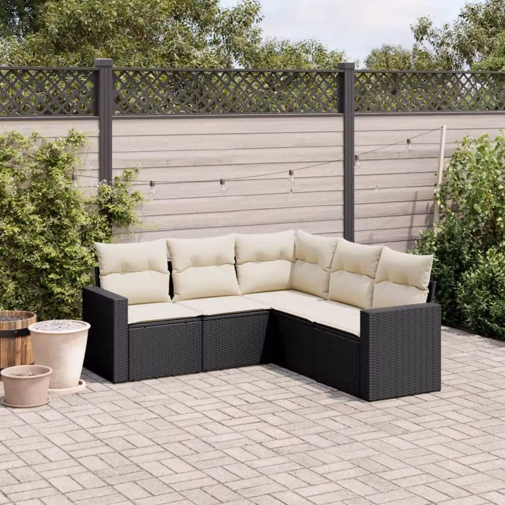 vidaXL Set Divani da Giardino a L 5 pz con Cuscini in Polyrattan e Struttura in Acciaio Nero – 1
